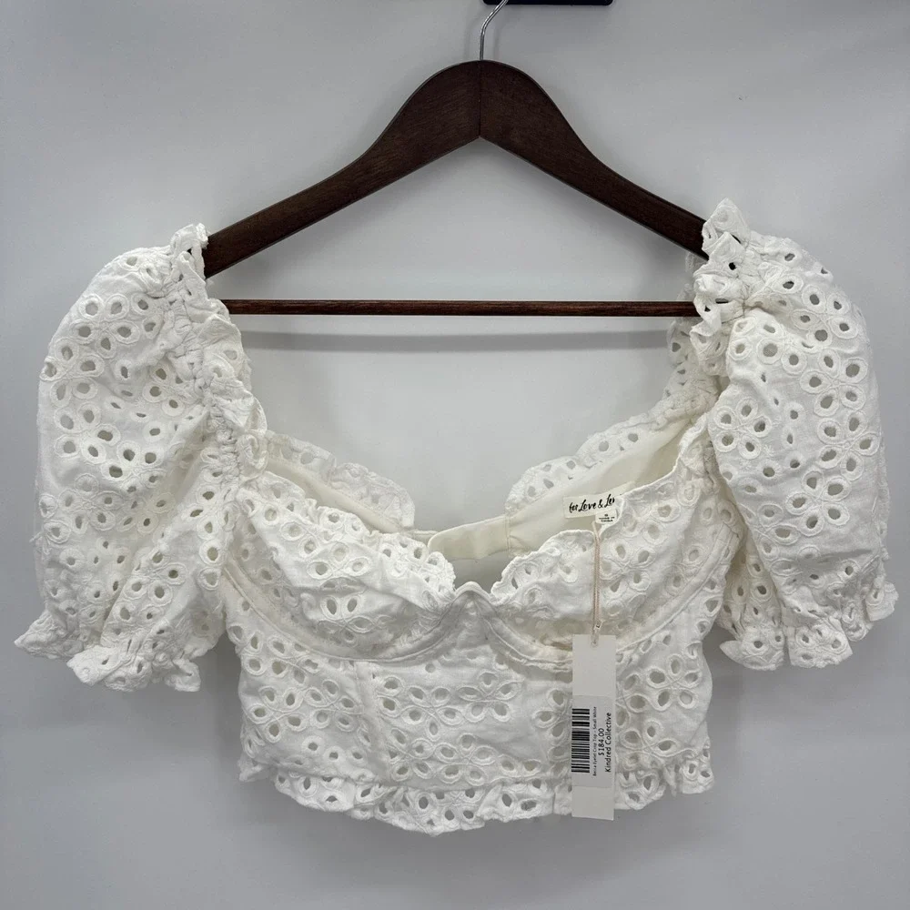 For Love‎ & Lemons Becca Eyelet Crop Top Womens Small White Bustier Puff Sleeve